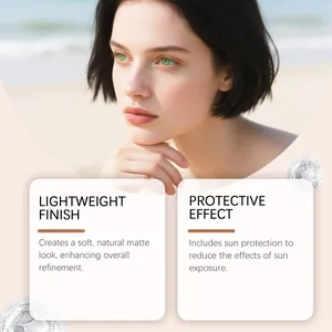 Model with soft matte makeup finish and protective effect product description cards