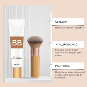 Ingredients detail of SPF 30 BB cream with makeup brush for a smooth skin base.