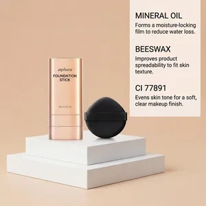 Detailed view of zephoco foundation stick and puff with mineral oil ingredient info