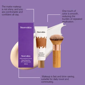 Detailed view of Storvokio tinted moisturizer set with applicator brush and creamy texture