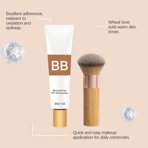 Detailed view of wheat tone BB cream SPF 30 moisturizer with bamboo makeup brush