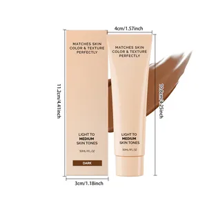 Dark skin liquid foundation tube and box with detailed product size dimensions in inches