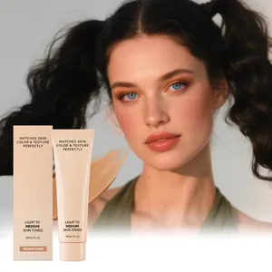 Medium dark matte concealer foundation tube and box with model demonstrating finish