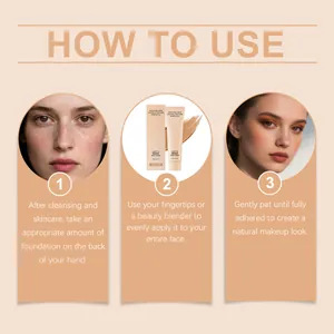 Three-step visual guide for applying matte liquid foundation for medium skin tones