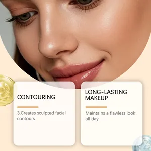 Primo piano dei contorni del viso scolpiti e texture del trucco per un look a lunga durata