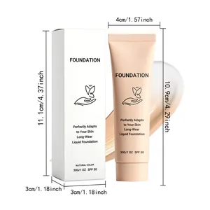 Detailed view of long-wear liquid foundation tube and box with dimensions and swatch
