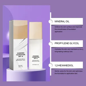 Λεπτομερής όψη του SPF 15 foundation με λίστα με τα οφέλη των κύριων συστατικών του
