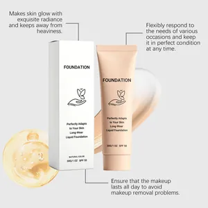 Detailed view of long-wear liquid foundation tube and box with SPF 50 texture smear