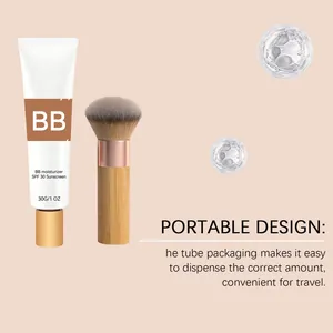 Moisturizing SPF 30 BB cream in travel tube paired with a bamboo handle makeup brush