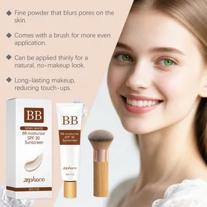 Detail showing Zephoco ivory white BB cream tube, box, and soft makeup brush
