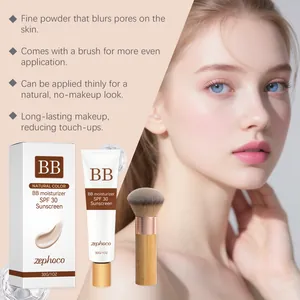 Λεπτομερής άποψη της ενυδατικής κρέμας Zephoco BB SPF 30, της συσκευασίας και του πινέλου.