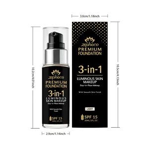 Detaillierte Maße der Zephoco 3-in-1 Foundation-Flasche und der Verpackungsbox mit SPF 15
