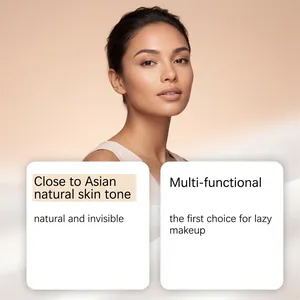 Dettaglio del fondotinta multifunzionale con finish naturale su modella asiatica.