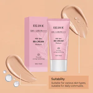 Λεπτομερής προβολή της EELHOE BB cream με σωληνάριο και δείγματα υφής μακιγιάζ