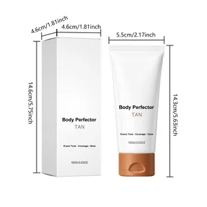 Gedetailleerde afmetingen van de body perfector tan lotion met witte verpakking