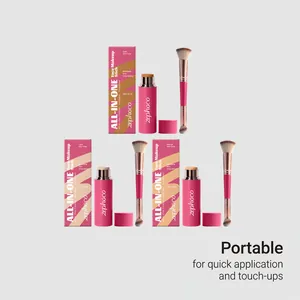 Portable all-in-one face makeup stick with dual-ended brush shown in three shades