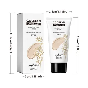 Detailed view showing dimensions of Zephoco CC Cream tube and packaging with SPF 50 info.