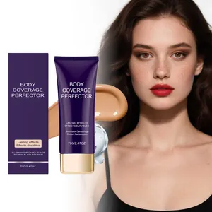 Detail van de paarse body coverage perfector tube en doos met vloeibare textuur en model