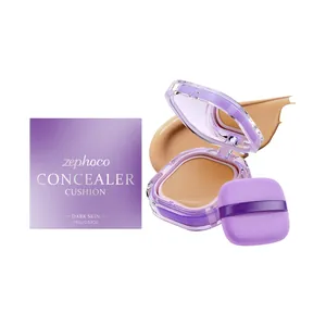 Cuscino correttore opaco Zephoco per pelli scure con compatto viola e confezione
