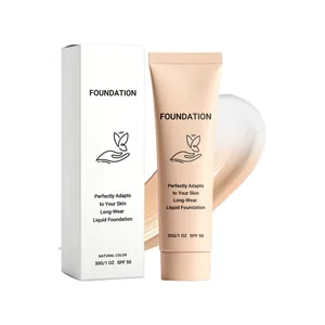 Natural color long-wear liquid foundation with SPF 50, 30g tube and box packaging.