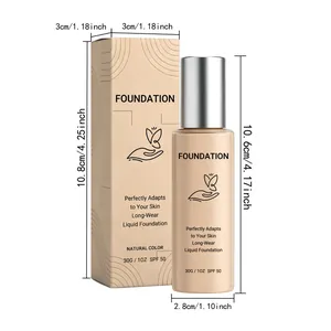 Dimension details of 30g long-wear liquid foundation bottle and retail packaging box.