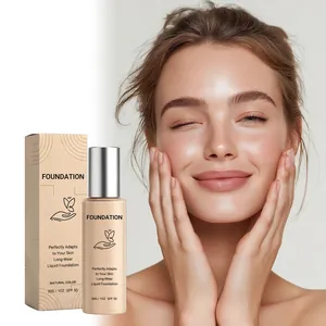 Detail view of liquid foundation bottle and box with glowing model skin result