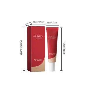 Detalle de las dimensiones del tubo de BB cream SPF 42 y su caja de empaque roja.