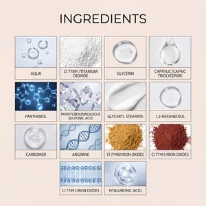 Visualización detallada de los ingredientes de la BB cream incluyendo ácido hialurónico.