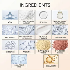 Detalle visual de ingredientes de la BB cream como ácido hialurónico y ceramida NP