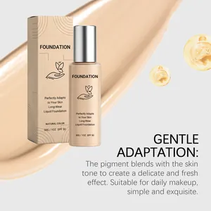 Close-up detail of natural skin-adapting liquid foundation texture and pump bottle