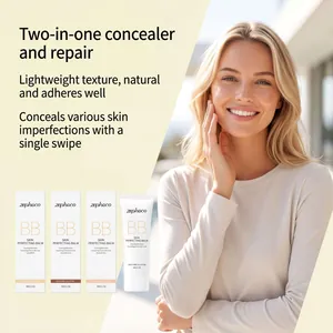Detailed view of Zephoco BB Skin Perfecting Balm with three shades and model face