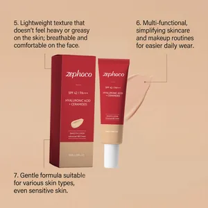 Vista detallada de la BB cream Zephoco SPF 42, muestra la textura ligera y beneficios.