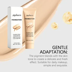 Detailweergave van Zephoco kleurveranderende foundation crème met textuur en SPF 50 verpakking