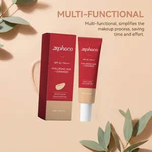 Envase y tubo de Zephoco Advanced BB Cream con una mancha de textura de crema suave