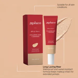 Detalle de la BB cream Zephoco con muestra de textura impermeable y envase rojo