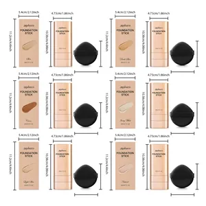 Detailed dimensions for Zephoco foundation sticks in six shades with blending sponge
