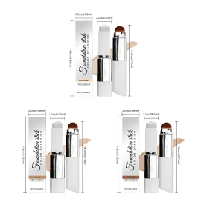 2-in-1 color-changing foundation stick with brush, dimensions and 3 shades shown clearly