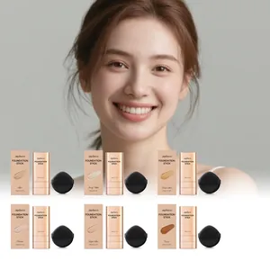 Zephoco concealer foundation stick in six shades shown with beauty puffs and model.