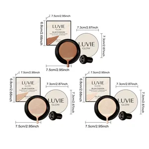 Dimensiones y tonos de la base cushion iluminadora LUVIE GLOW para un acabado natural.