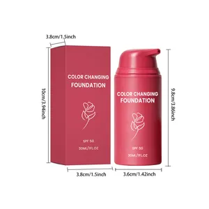 Detailed dimensions of the color changing foundation 30ml bottle and packaging box