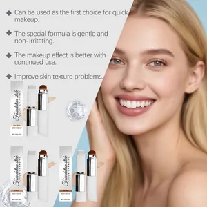 Two-in-one color changing foundation stick showing three shades and a smiling model.