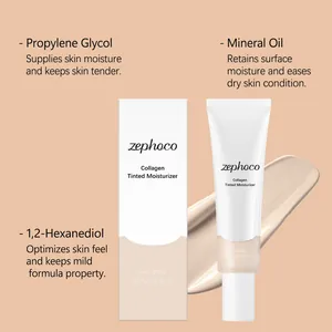 Detalle de ingredientes y del tubo Zephoco Collagen Tinted Moisturizer en marfil.