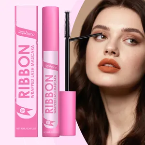 ZEPHOCO Ribbon Mascara featuring a pink tube and box, shown on a professional model