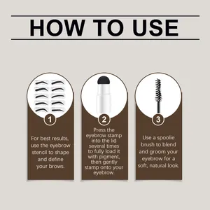 Three-step instructional guide showing how to use the eyebrow stamp set with stencils.