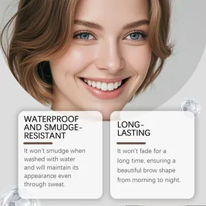 Detail of brown double-ended eyebrow pencil features showing waterproof and long-lasting effects.