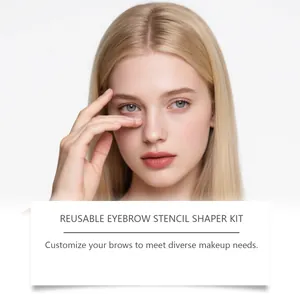 Close-up of model's face showing groomed eyebrows with reusable stencil shaper kit.