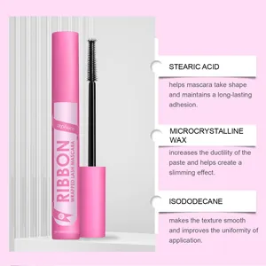 Pink ZEPHOCO ribbon mascara detail showing stearic acid and microcrystalline wax benefits.