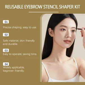 Close-up of Asian woman using a reusable eyebrow stencil shaper kit for precise makeup