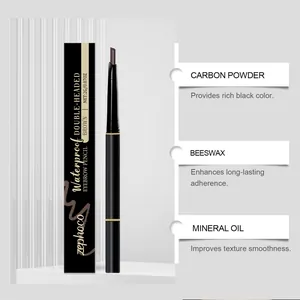 Detailed view of Zephoco brown double-headed eyebrow pencil showing key ingredients and benefits