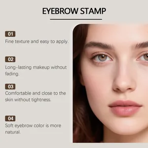 Close-up of natural look using grey-black eyebrow stamp kit with texture details
